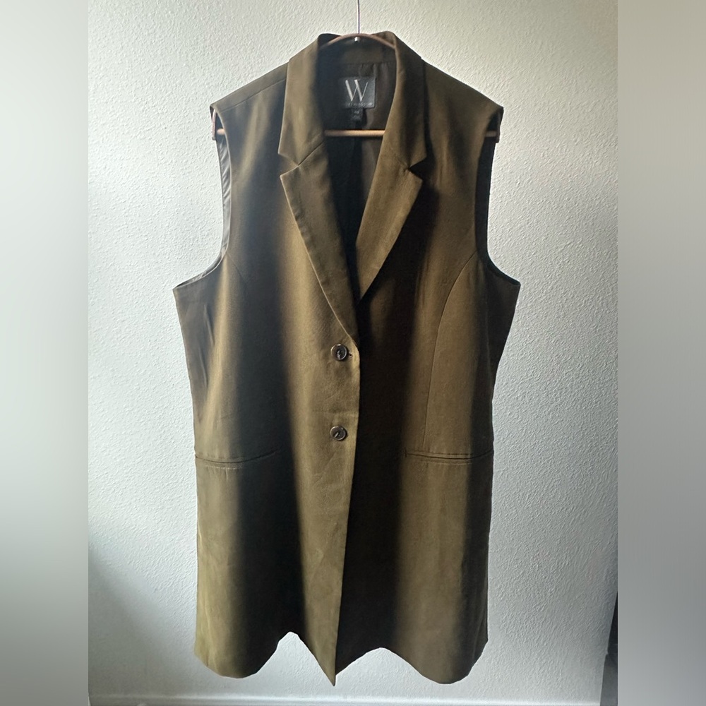 Worthington Vest Womens XXL Long Olive Green Collared Button Down Career Office